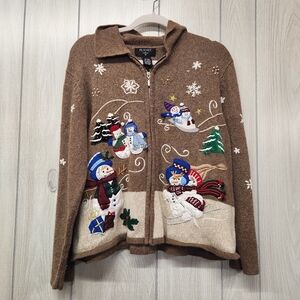 Planet And Company Christmas Sweater Size  XL Vintage Brown Full Zip Embellish